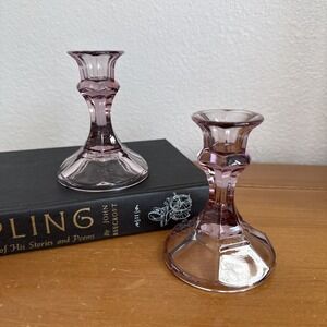 Vintage 4" Libbey Gibraltar Light Plum Glass Pillar Candlestick Holders Set of 2